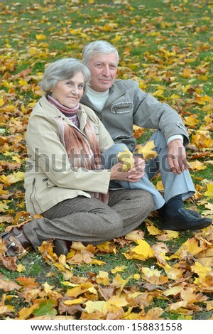 beautiful elder couple walking in the park in September