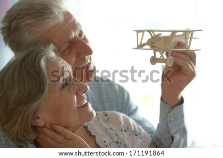 Senior couple with wooden plane at home