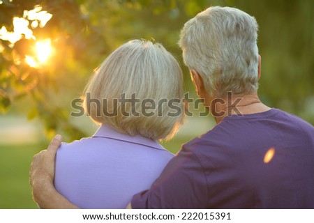 Happy elderly couple at nature on leaves and sunset background,back view
