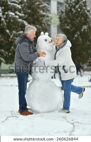 Portrait of elderly couple making snowman and shows thumbs up in winter