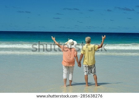 Beautiful happy elderly couple walking along the seashore