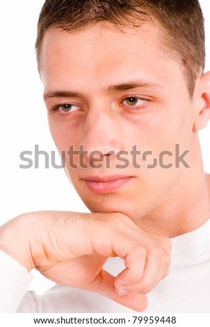 smart guy in white clothes posing on white background