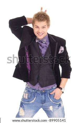 cute young guy in jacket on white