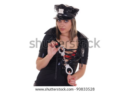 cute police woman posing on a white