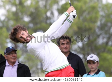 PONT ROYAL , FRANCE - OCTOBER 20, 2013 : Winner Edouard Espana (FRA) During the  prize ceremony of the Masters 13  (Alps Tour), October 20, 2013 in Pont Royal en Provence, France.