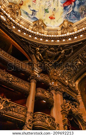 PARIS  OCTOBER 02 : An interior view of Opera de Paris, Palais Garnier, It was built from 1861 to 1875 for the Paris Opera house an is shown on OCTOBER 02, 2010 in Paris.
