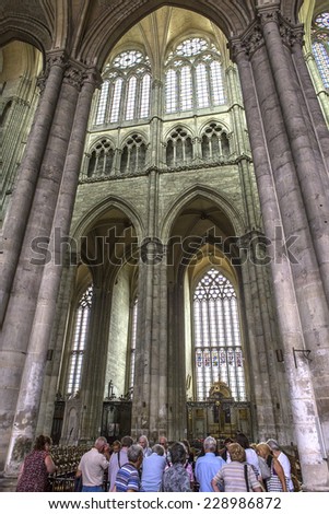 AMIENS, FRANCE  AUGUST 07, 2014: Interiors and architectural details of  the gothic cathedral of Amiens, on august 07, 2014,  in  Amiens, France.