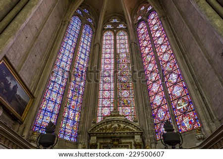 AMIENS, FRANCE  AUGUST 07, 2014: Interiors and architectural details of  the gothic cathedral of Amiens, on august 07, 2014,  in  Amiens, France.