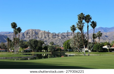 RANCHO MIRAGE, CALIFORNIA - APRIL 03, 2015 : golf course view at the ANA inspiration golf tournament on LPGA Tour, April 03, 2015 at The Mission Hills country club, Rancho Mirage, California