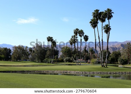 RANCHO MIRAGE, CALIFORNIA - APRIL 03, 2015 : golf course view at the ANA inspiration golf tournament on LPGA Tour, April 03, 2015 at The Mission Hills country club, Rancho Mirage, California