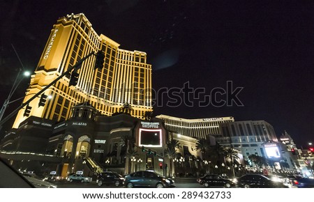 LAS VEGAS, NEVADA, USA, may 14, 2015 : lights on the Strip at night, Las Vegas boulevard, may 14, 2015 in Las Vegas, Nevada