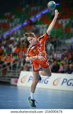 LUBIN, POLAND - SEPTEMBER 7, 2014: Sanja Premovic during match PGNiG Superleague Women in handball  between KGHM Metraco Zaglebie Lubin - Pogon Baltica Szczecin (26:22).