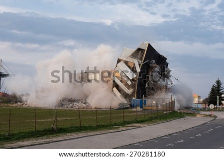 Lubin, Poland. 16 April; 2015: Blowing up the old building of football club Zaglebie Lubin.