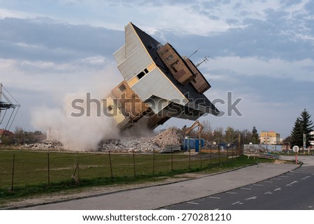 Lubin, Poland. 16 April; 2015: Blowing up the old building of football club Zaglebie Lubin.