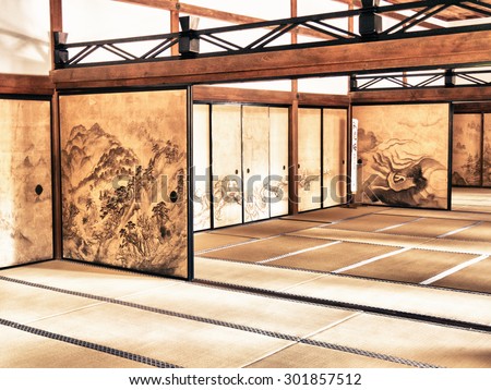 KYOTO, JAPAN - MARCH 25: The interior of the Kuri, the main building of Ryoanji Temple on March 25, 2015 in Kyoto, Japan.