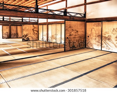 KYOTO, JAPAN - MARCH 25: The interior of the Kuri, the main building of Ryoanji Temple on March 25, 2015 in Kyoto, Japan.