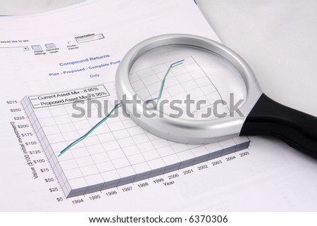 Financial investments chart showing proposed growth in assets. Magnifying glass sits on top.