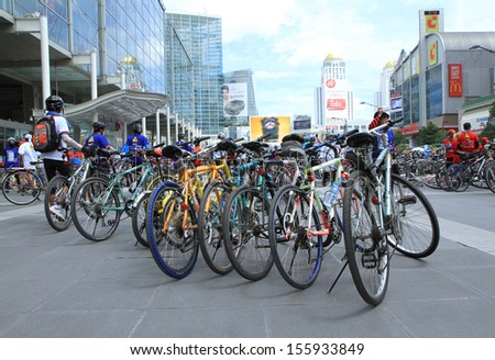 Bangkok - September 22: Many bicycles parked in front of the Central World Plaza in Car Free Day event on September 22, 2013 in Bangkok, Thailand.