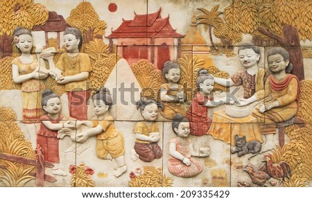 BANGKOK ,THAILAND - JUL 26 : Stone carving of Traditional Thai culture on temple wall at Wat Dan on July 26, 2014 in Bangkok, Thailand.