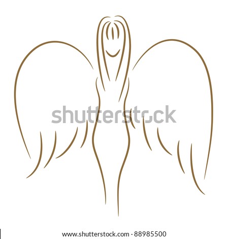The beautiful sketch of the girl with wings (angel) a gold brush - stock vector
