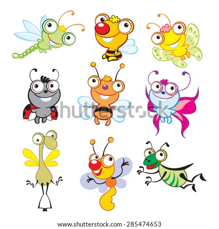 Cartoon insects. Big eyes animals set. Funny insects.