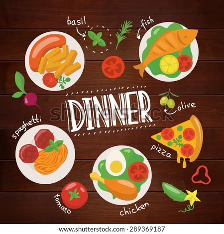 Dinner poster in flat style. Food poster. Food infographic. Wooden texture food poster with chalk written texts. Hand drawn calligraphy.
