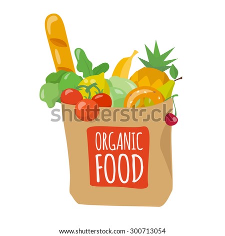 Paper shopping bag. Flat style. Food icon in flat style. Organic food. Fruits and vegetables.