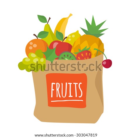Vector illustration of shopping paper bag. Shopping paper bag with food. Fruits. Vegetarian food. Healthy food.