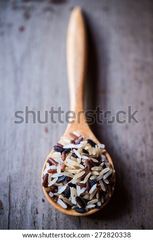 Rice in wood spoons on wood background