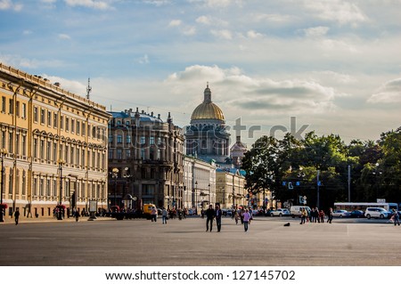 SAINT PETERSBURG - AUGUST 31: Saint Isaac\'s cathedral from the Palace square on August 31, 2012 in Saint Petersburg, Russia. The biggest cathedral in the city, completed in 1858.