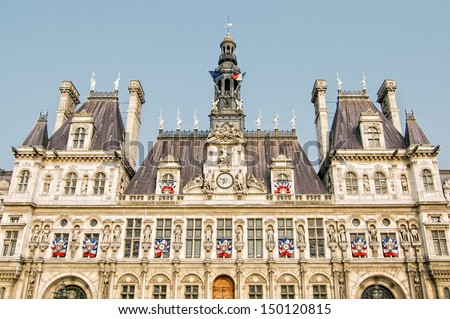 City hall (Hotel de Ville) in the Marais district, Paris, France.