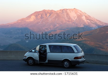 Family Van against backdrop of Mount St Helens