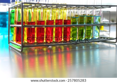 Colorful fluid in test tube for laboratory use on table in laboratory