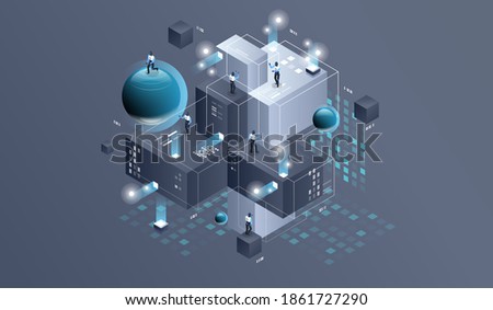 Ai learning concept. Datacenter isometric vector illustration. information flow,digital science lab, data center server room isometric concept.