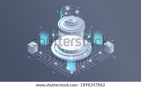 Datacenter isometric vector illustration. information flow,digital science lab, data center server room isometric concept.