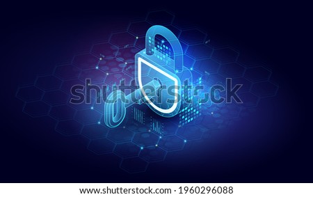 Web Protect or security symbol. Cyber Security Icon. Abstract closed lock with key. Isometric vector image on dark background.