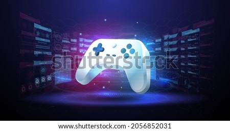 Wireless controller gamepad for play games. Neon glowing gamepad. Vector illustration with hud elements. Cloud Gaming concept.