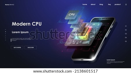 Digital chip with HUD elements. Tech Futuristic Template. Quantum computer database concept. Futuristic microchip processor. Modern CPU illustration . Central Computer Processors.