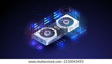 Video Graphics Card for cryptocurrency mining or gaming. GPU Graphic card illustration on geometric background.