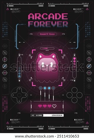 HUD poster, virtual reality style. Futuristic poster with retro games elements. Template for print and web.