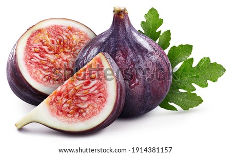 Isolated fig with leaf. Whole fig fruit and slice fig on white background with clipping path. High End Retouching Foto stock © 