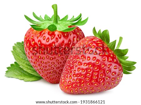 Isolated strawberry with leaf. Whole strawberry fruits and half strawberry on white background with clipping path. High End Retouching