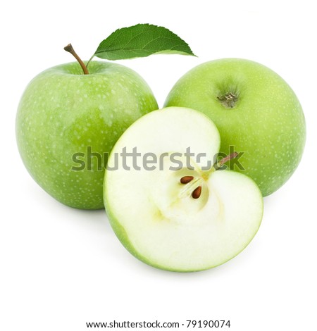 Two green apples and half of apple Isolated on a white background
