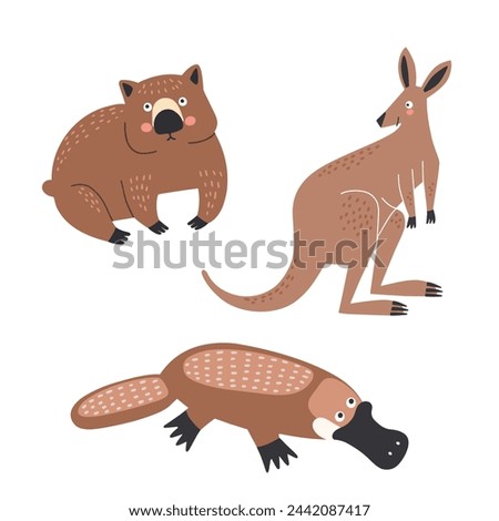 Set of vector illustrations of Australian animals in flat style: kangaroo, wombat, platypus