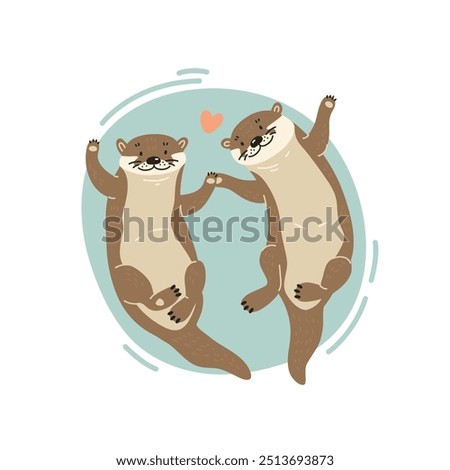 Two playful cartoon otters happily swimming together on light blue background with heart symbol, flat style illustration