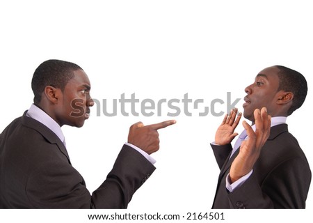 This is an image of business man arguing against himself. This represents \