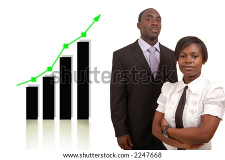 This is an image of a businessman and businesswoman portrayed as being successful, by the rising graph behind.