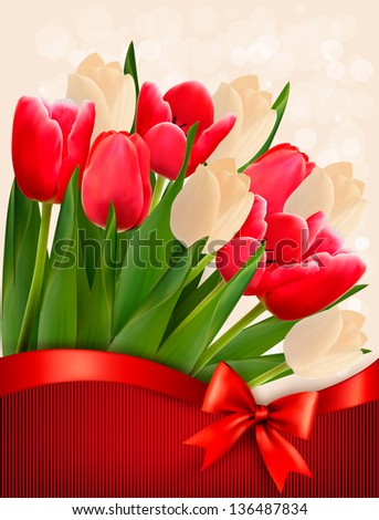 Holiday background with bouquet of red flowers with bow and ribbon. Raster version.