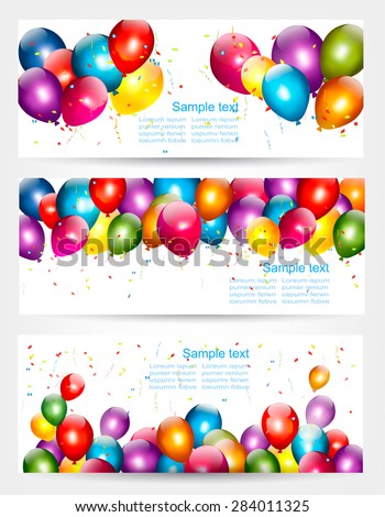 Three holiday birthday banners with balloons. Vector.