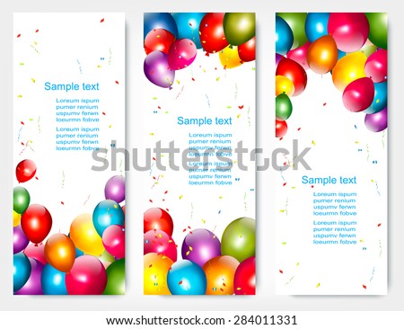Three holiday birthday banners with balloons. Vector.